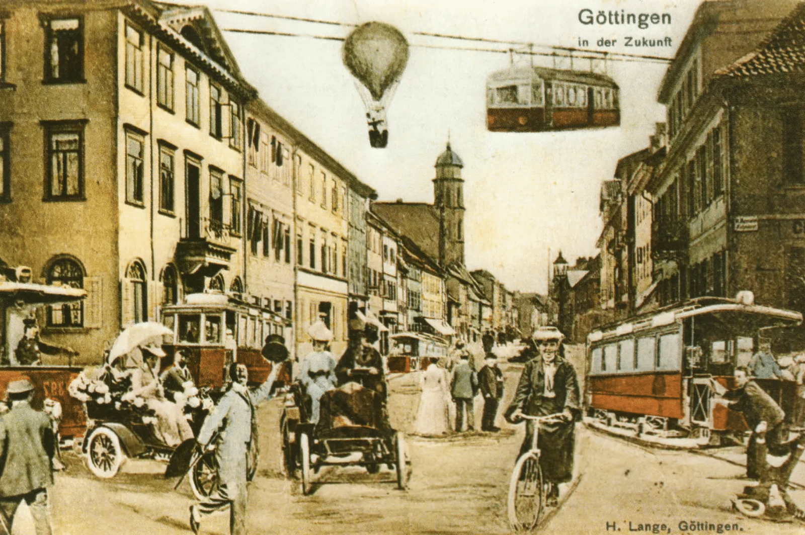 Eine alte Illustration von Göttingen mit Straßenbahnen.